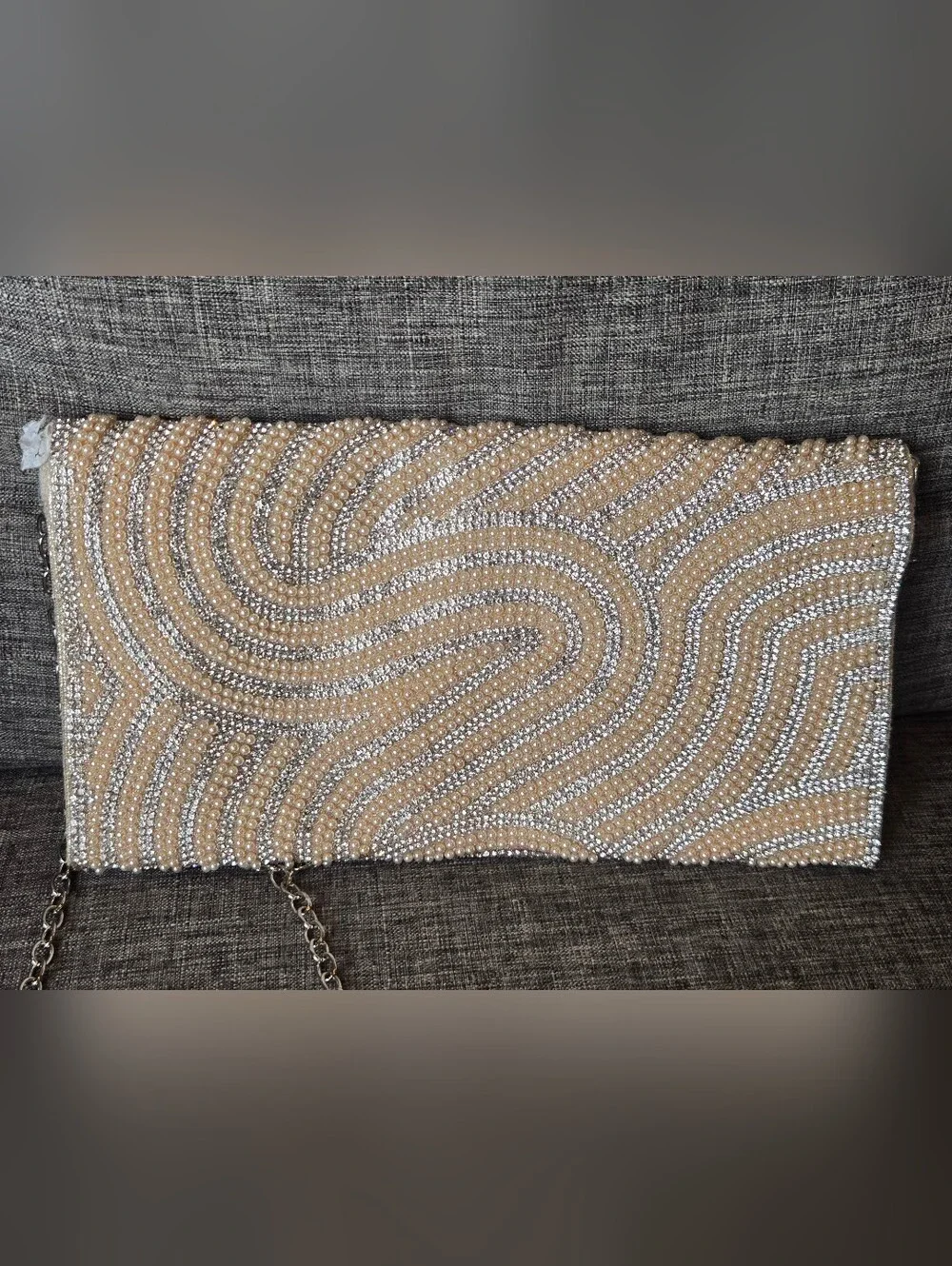Badgley Mischa Jewel Elegant Gold Champagne Beaded Clutch With Silver Chain NWT